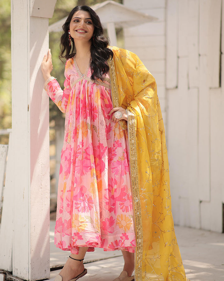 Baby Pink Color Alia Cut Embroidered Gown With Dupatta