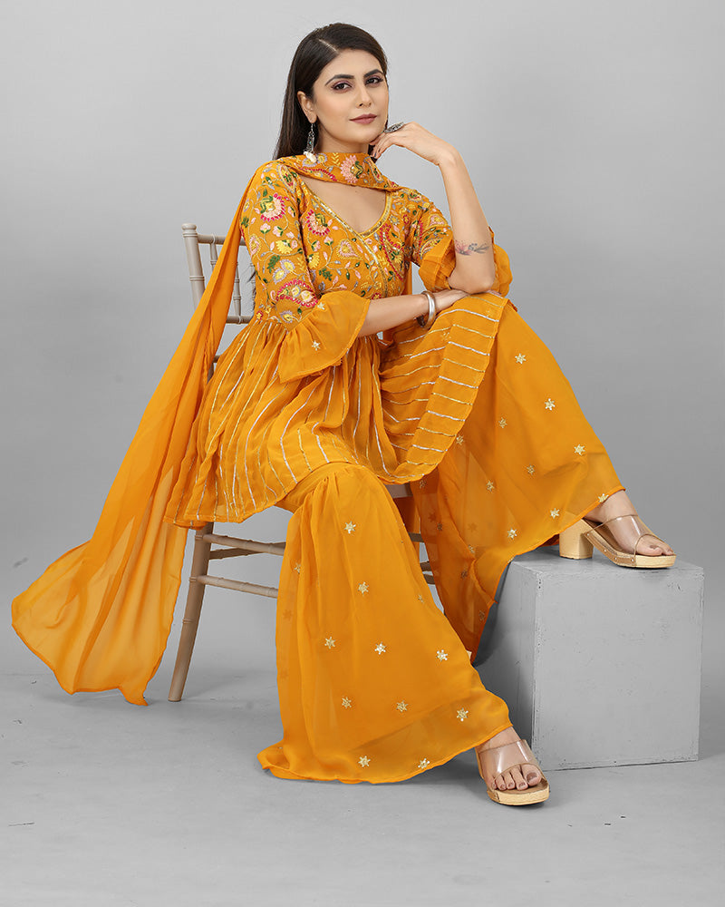 Yellow Color Georgette Embroidery work Three Piece Sharara Suit