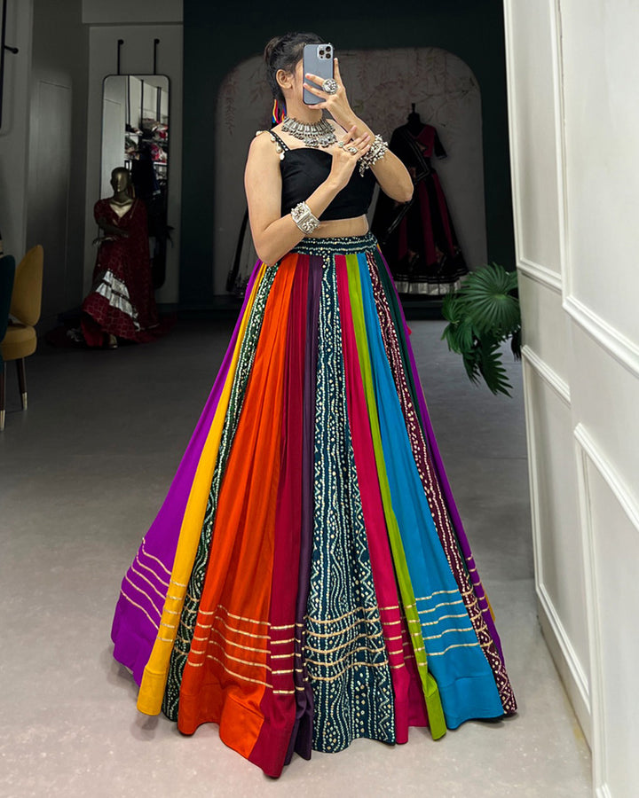 Multi Color Pure Rayon Navratri Lehenga With Black Choli