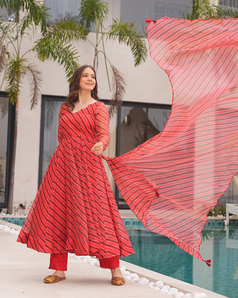 Orange And Brown Color Laheriya Print Tabby Organza Anarkali Suit