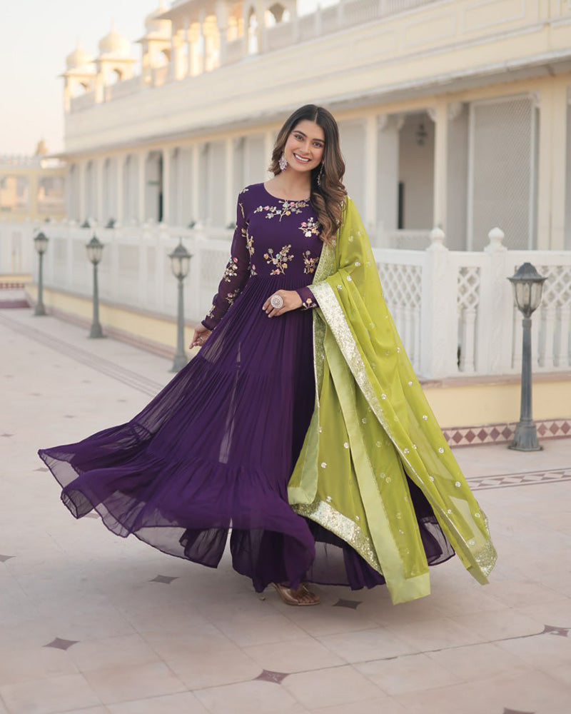 Wine Color Three layer Georgette Gown With Russian Silk Dupatta