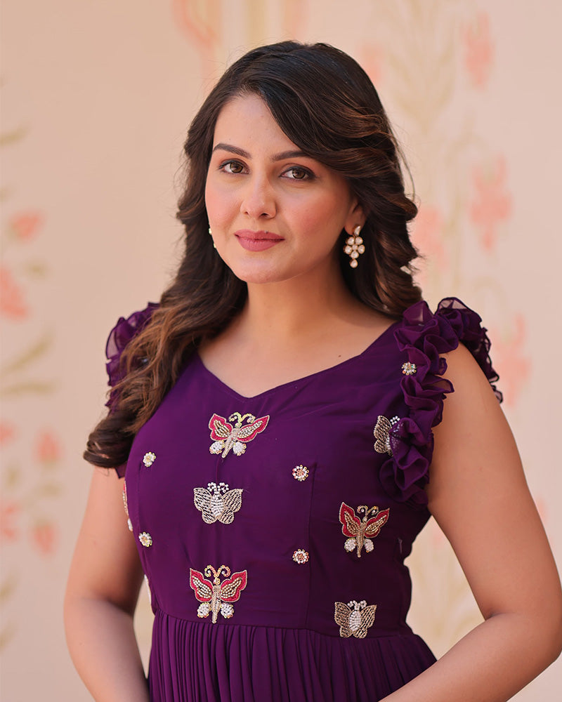 Wine Color Faux Blooming Embroidered work Gown