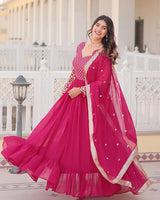 Rani Pink Color Faux Blooming Gown With Sequins Embroidered Dupatta