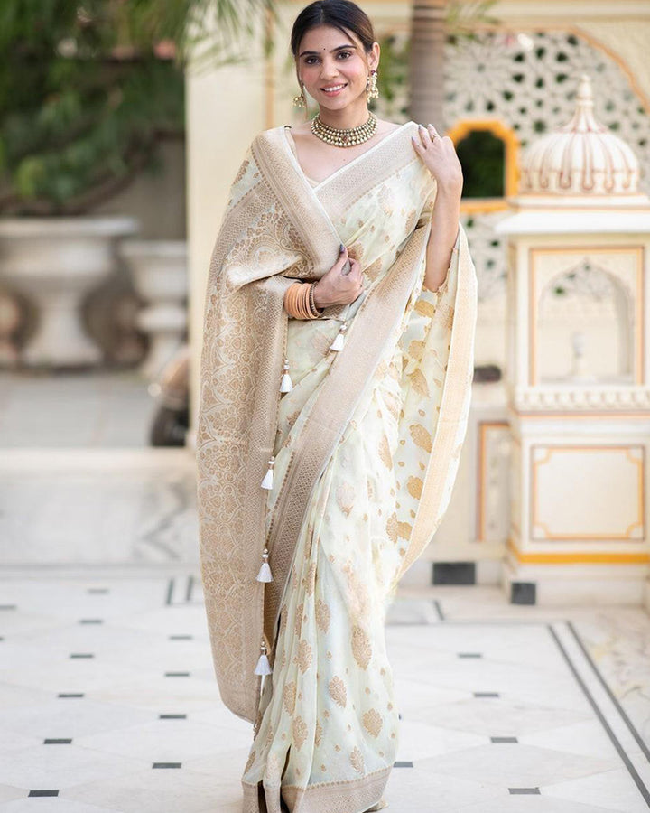 White Color Banarasi All over Jacquard Soft Silk Saree