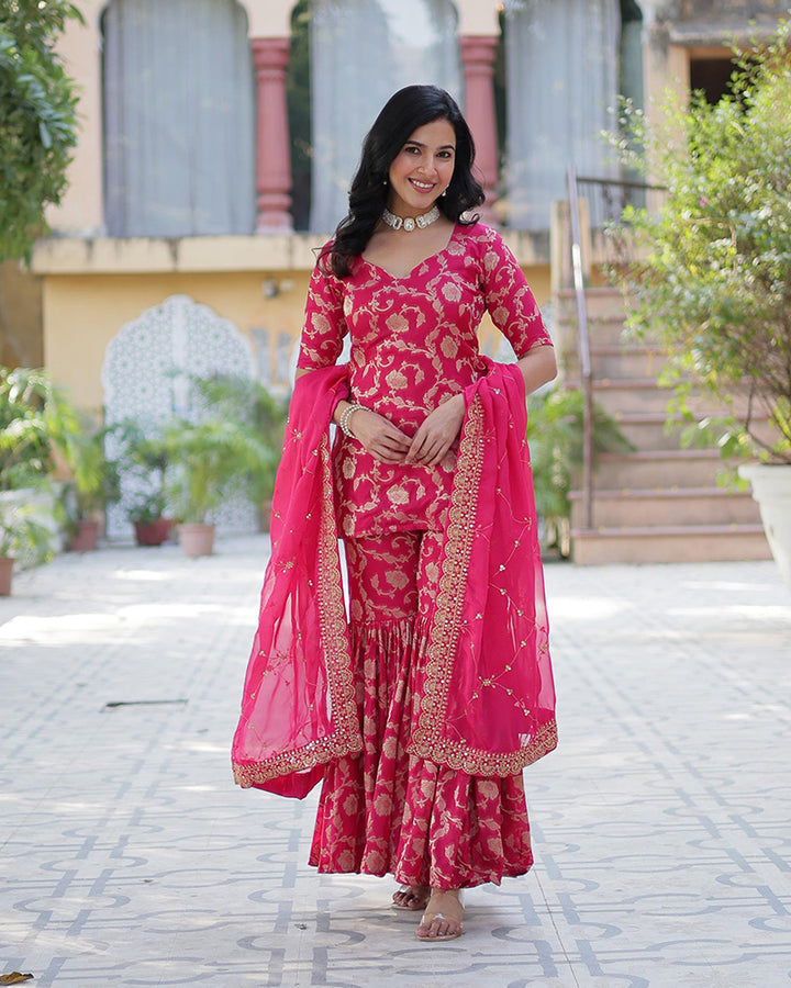 Rani Pink Color Georgette Jacquard Gharara Suit