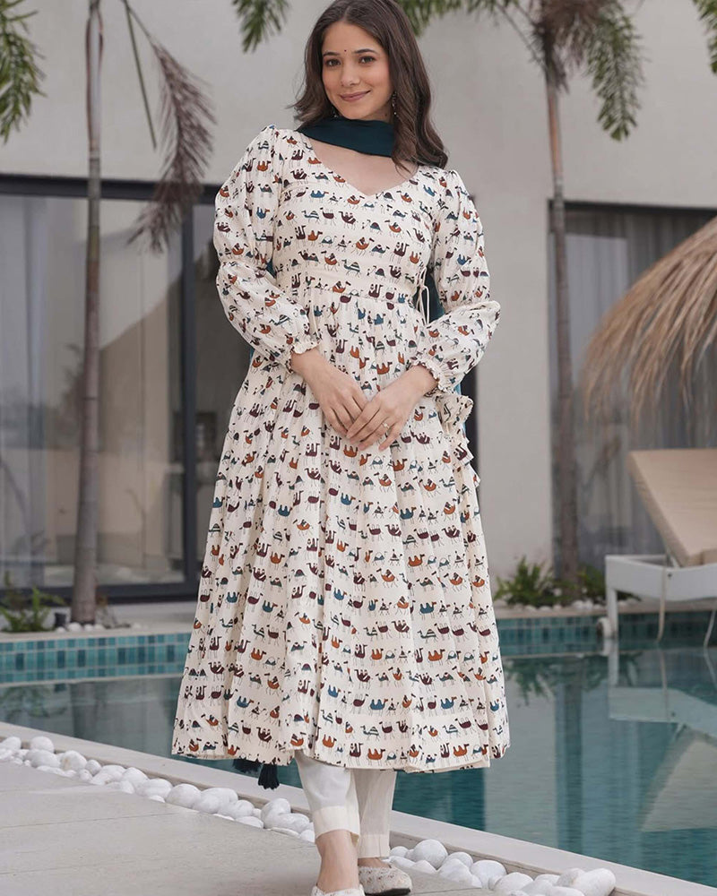 White Color Printed Pure Cotton Angarkha Style Anarkali Suit