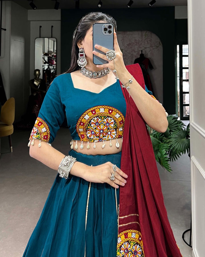 Teal green Color Pure Cotton Navratri Lehenga Choli