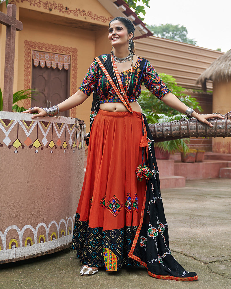 Orange Color Viscose Rayon Navratri Lehenga Choli