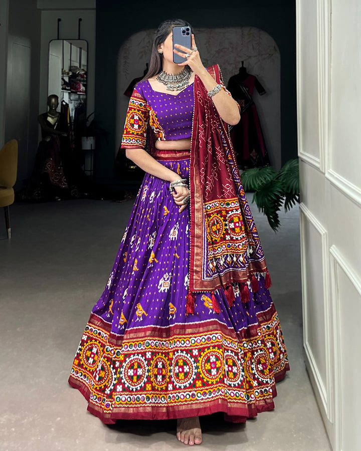 Purple Color Tussar Silk Gamthi Work Lehenga Choli