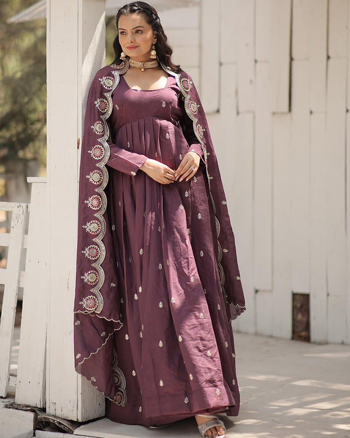 Onion Color Vichitra Shimmer Sequence Embroidered Gown