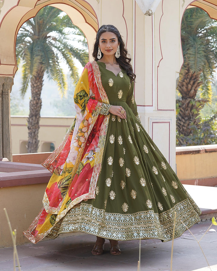 Faux Georgette Mehendi Color Anarkali Gown With Tebby Silk Dupatta