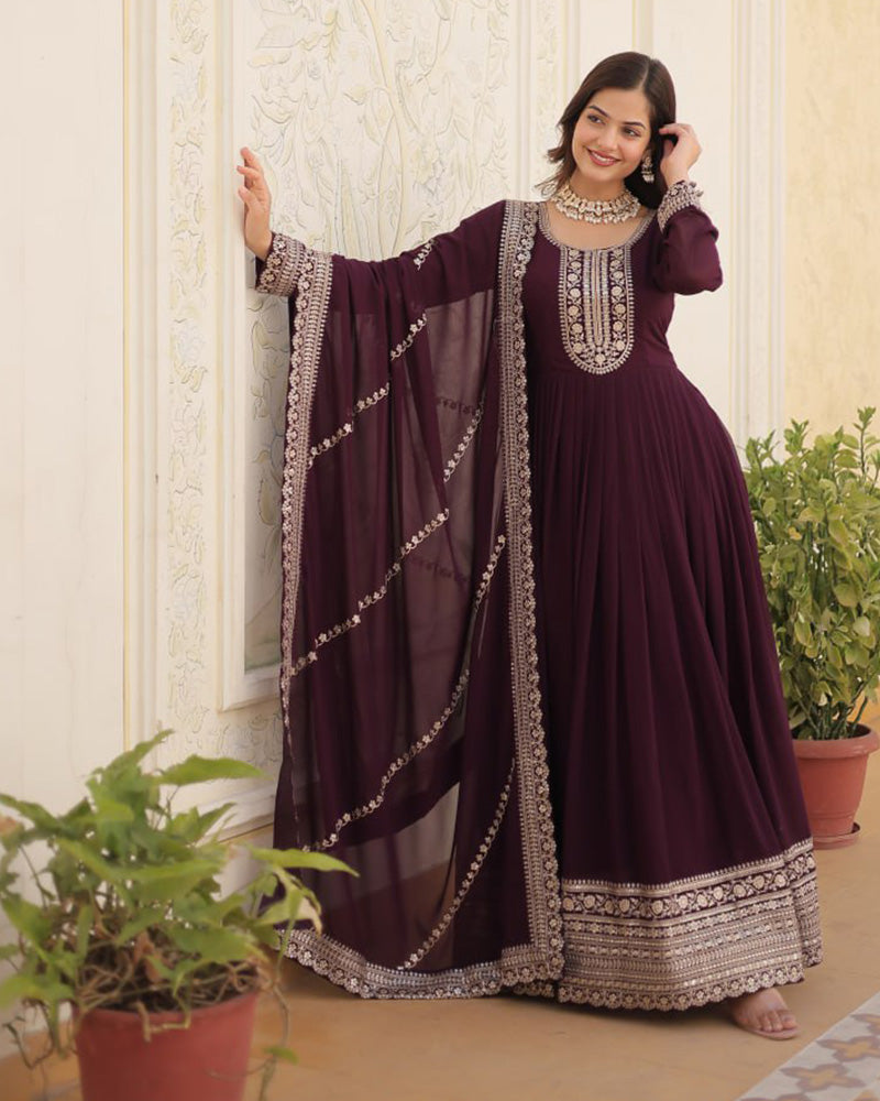 Wine Color Faux Blooming Rich Sequence Embroidered Gown