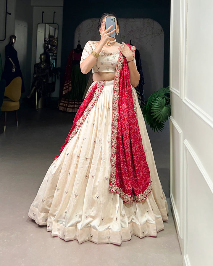 Off White Color Vichitra Silk Sequins And Thread Embroidered Lehenga Choli