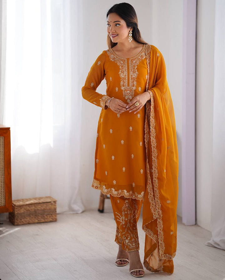 Yellow Color Faux Georgette Three Piece Kurti Suit