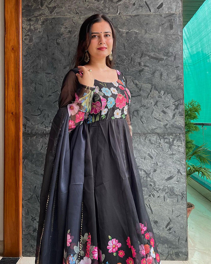 Mehak Qudora Black Floral Print Organza Three Piece Anarkali Suit
