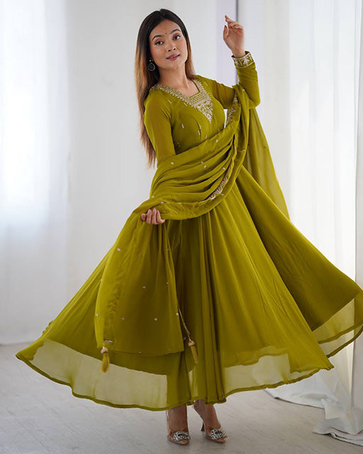 Mehndi Green Color Georgette Embroidered Three Piece Anarkali Suit
