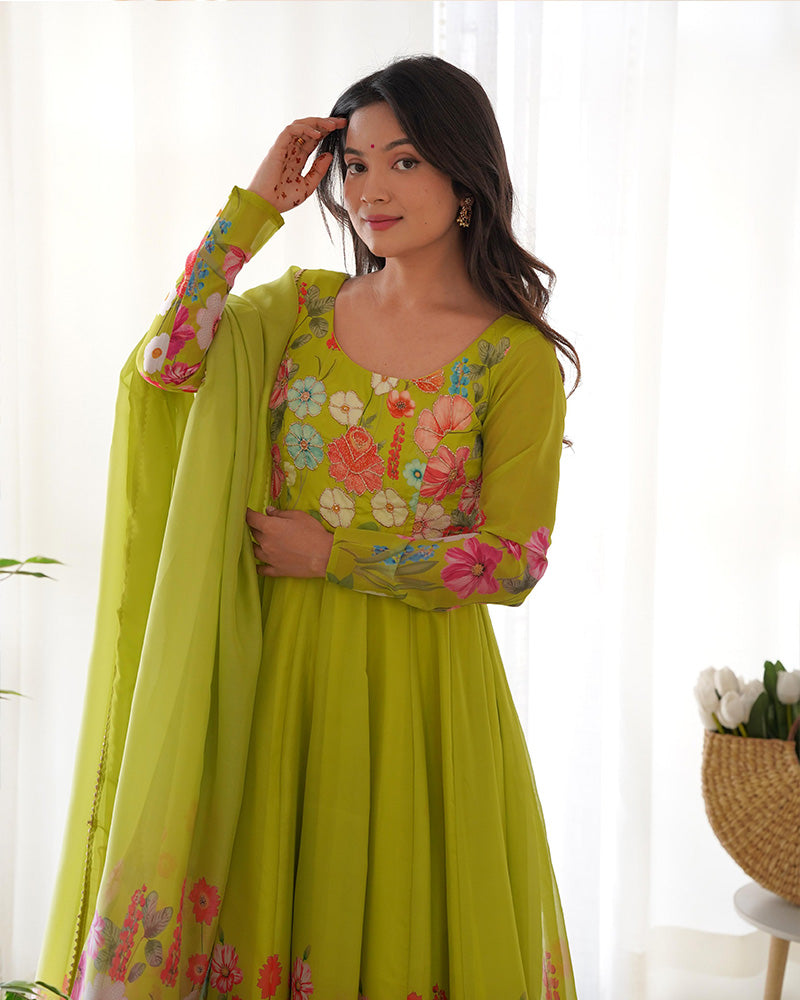 Neon Color Floral Print Organza Three Piece Anarkali Suit