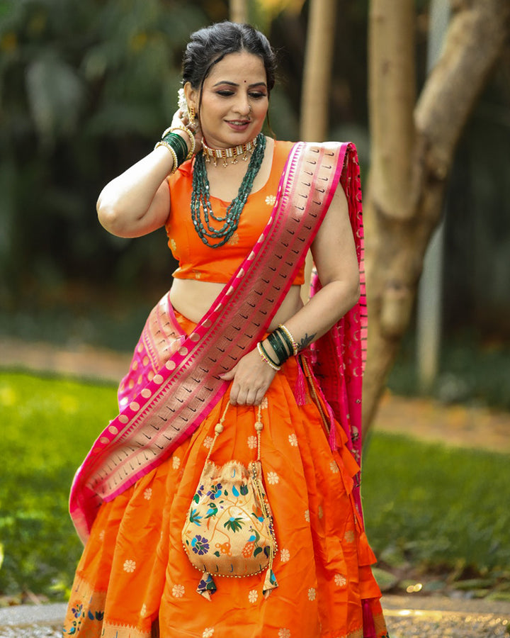 Designer Orange Color Jacquard Paithani silk Lehenga Choli