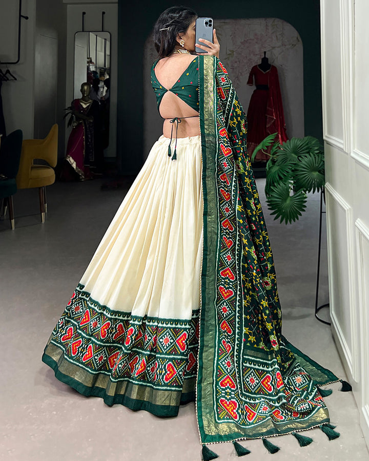 Green Color Tussar Silk Patola Printed Lehenga Choli