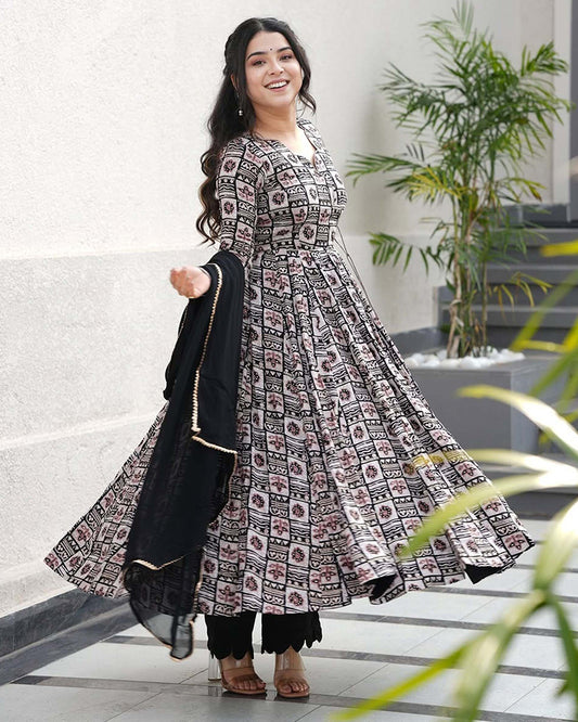 Black Color Rayon Printed Three Piece Anarkali Suit