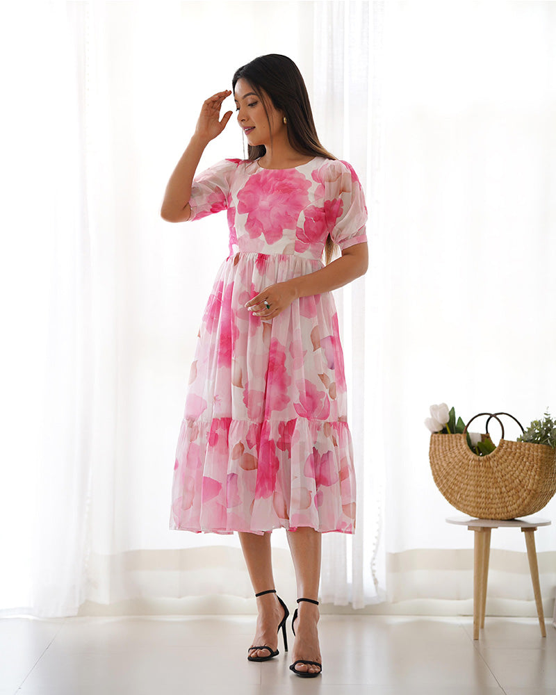 Baby Pink Color Floral Printed Organza Silk Tunic