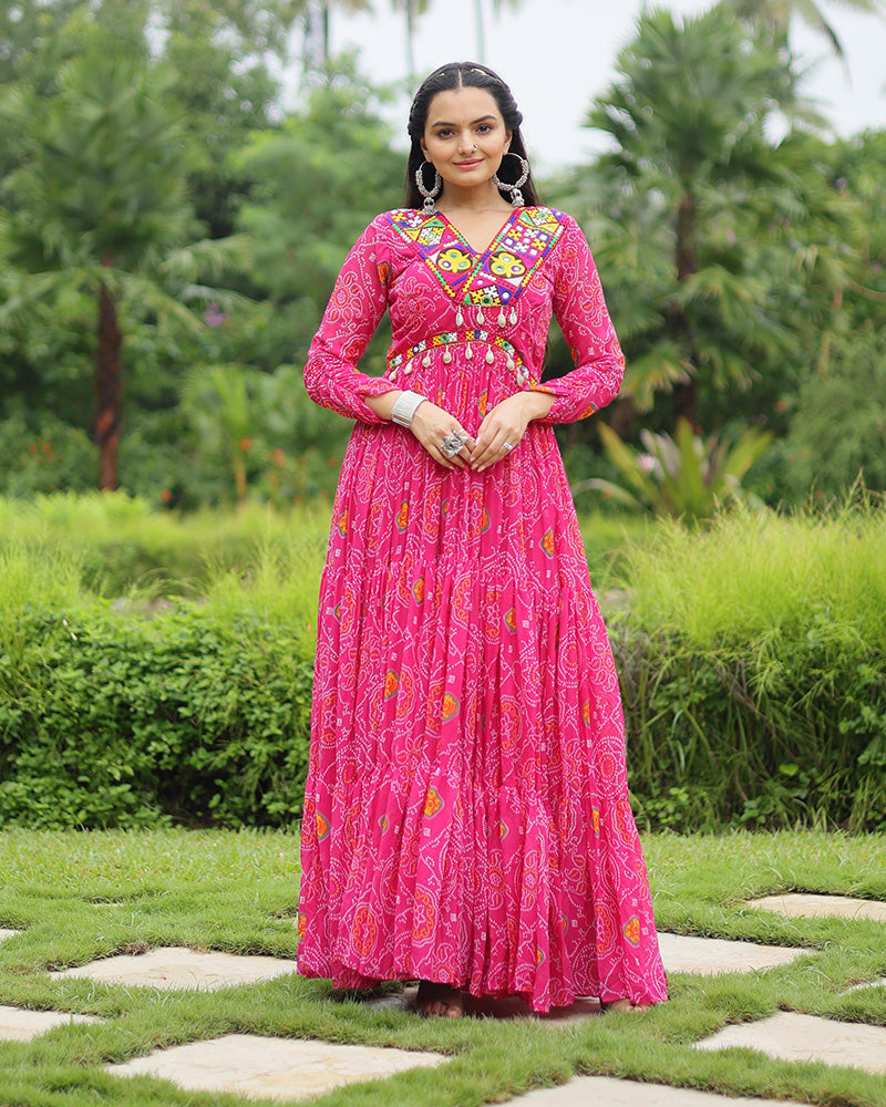 Pink Color Georgette Kutchi Work Navratri Gown