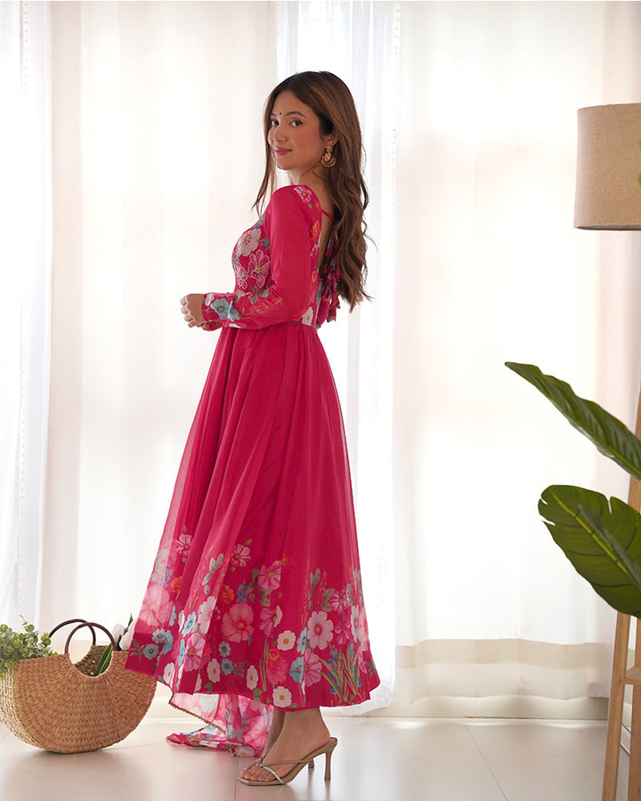 Rani Pink Color Floral Print Organza Three Piece Anarkali Suit