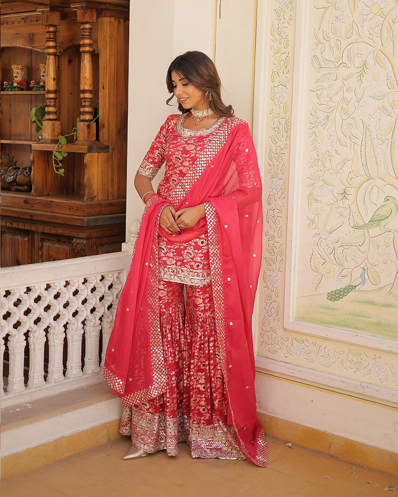 Rani Pink Color Viscose Jacquard Three Piece Gharara Suit