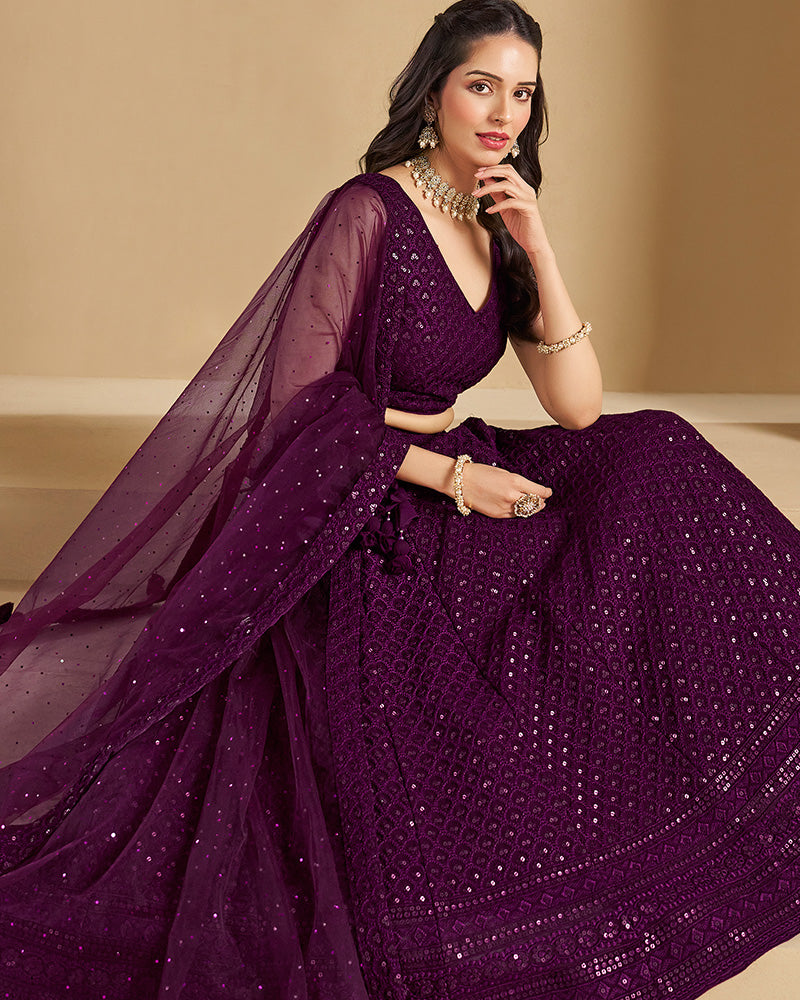 Wine Color Georgette Embroidered Lehenga Choli With Dupatta