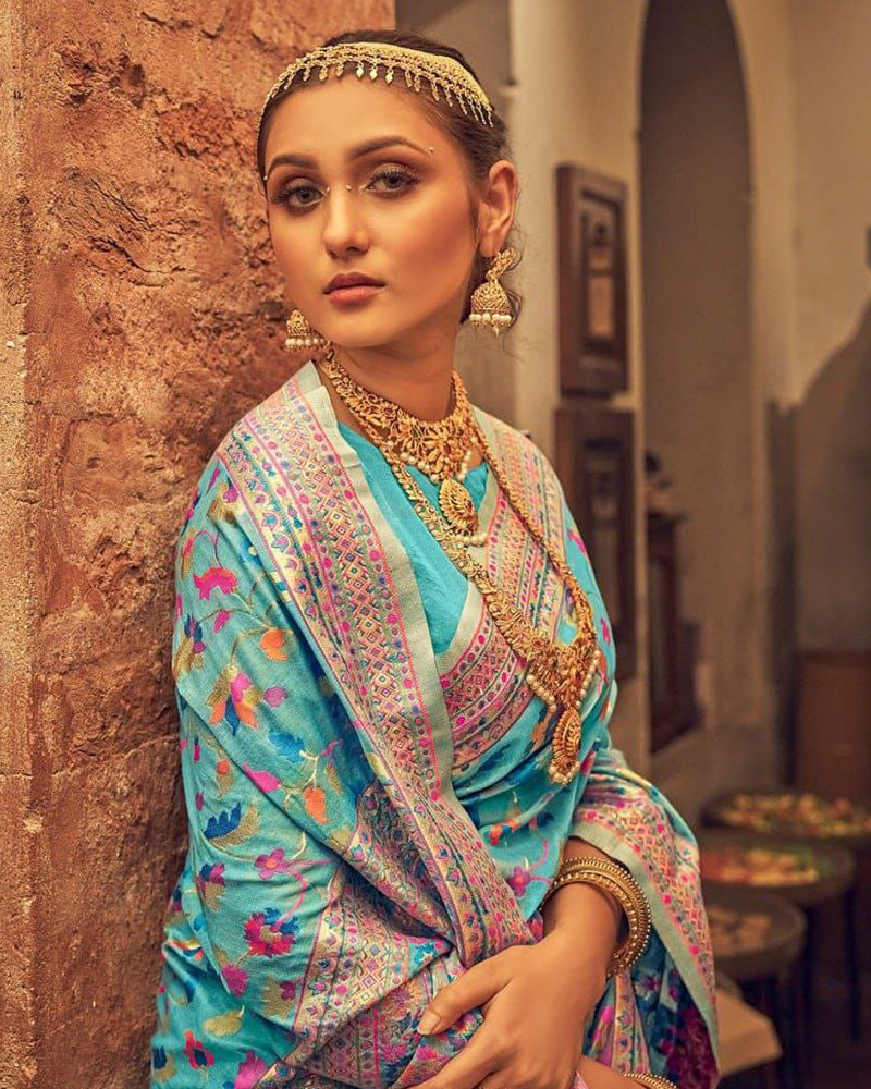 Heavy designer Sky Blue Colour Banarsi Soft Silk Saree