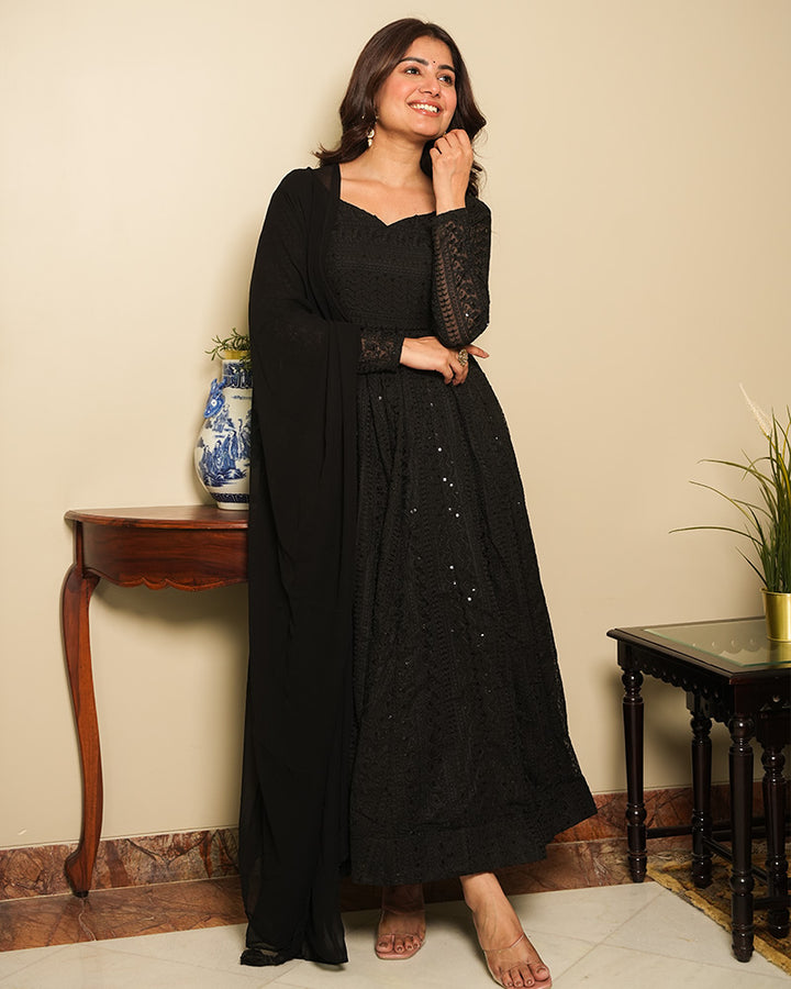 Black Color Georgette Lucknowi Three Piece Anarkali Suit