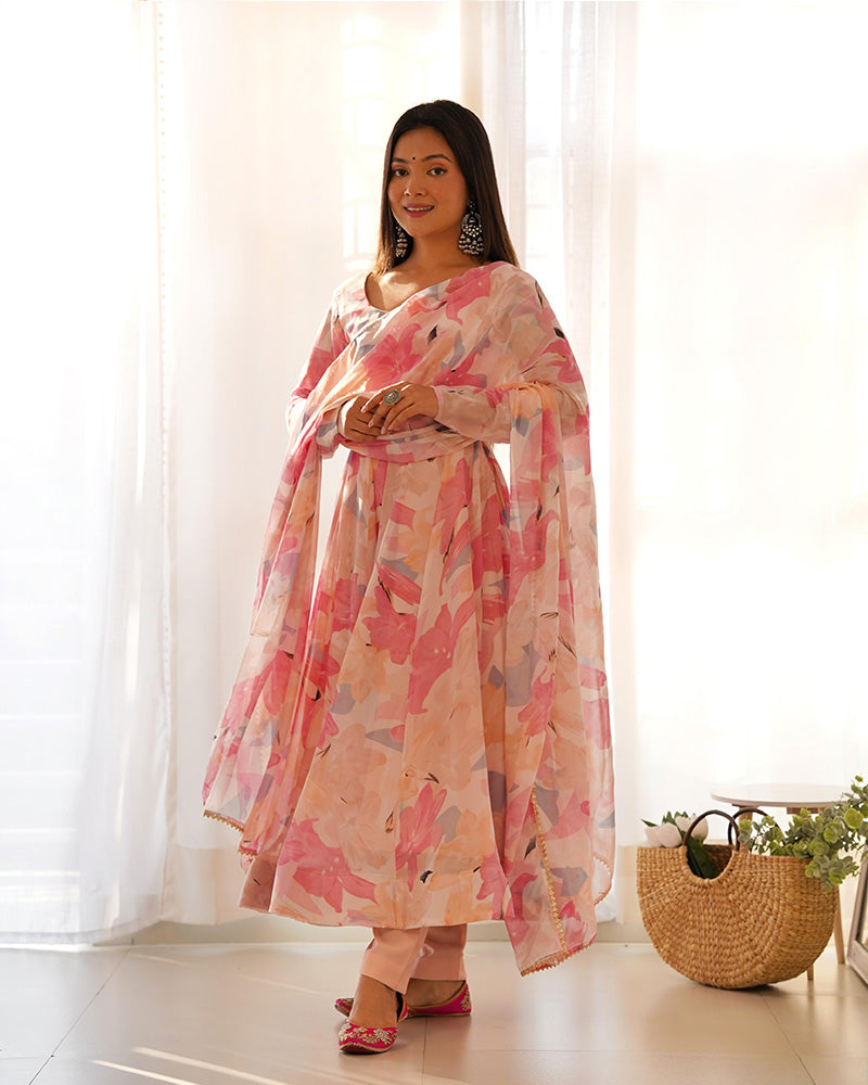Beautiful Baby Pink Multi Color Georgette Three Piece Anarkali Suit