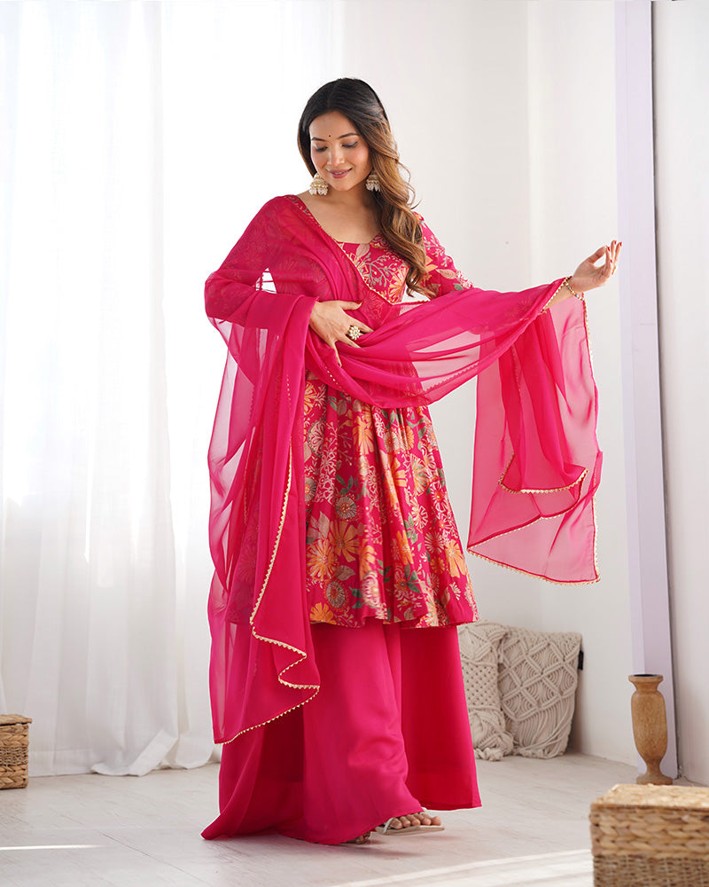 Rani Pink Color Roman Silk Discharge Printed Plazzo Suit