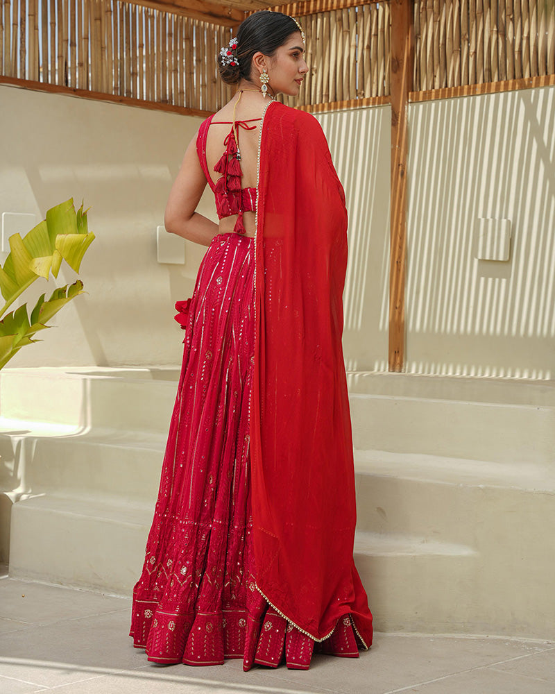 Tomato Red Color Lucknowi Style Embroidered Soft Georgette Lehenga Choli