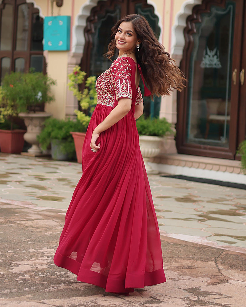 Pink Color Faux Blooming Embroidered Sequence Gown