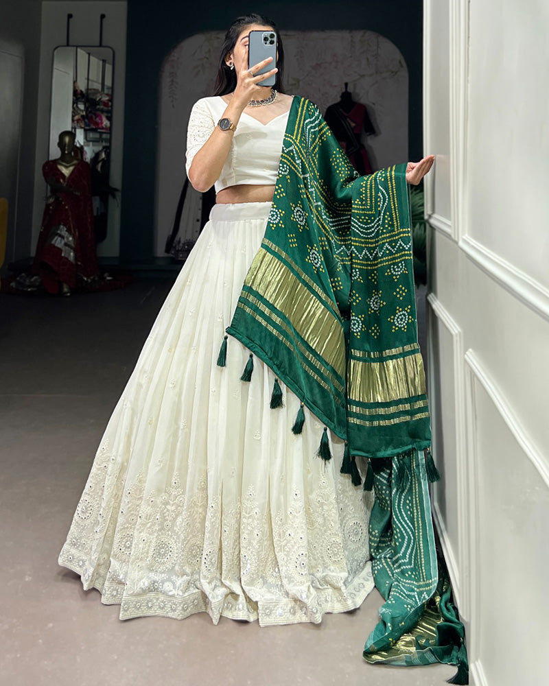 Off White Color Lucknowi Work Lehenga Choli With Different Dupatta