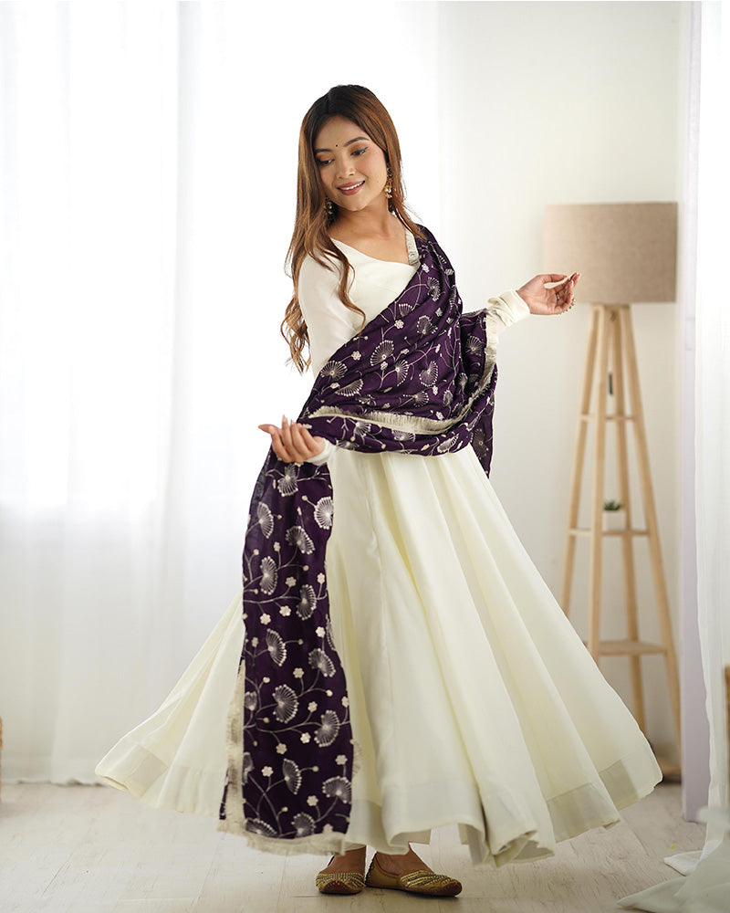 White Color Soft Vichitra Silk Anarkali With Dark Purple Dupatta