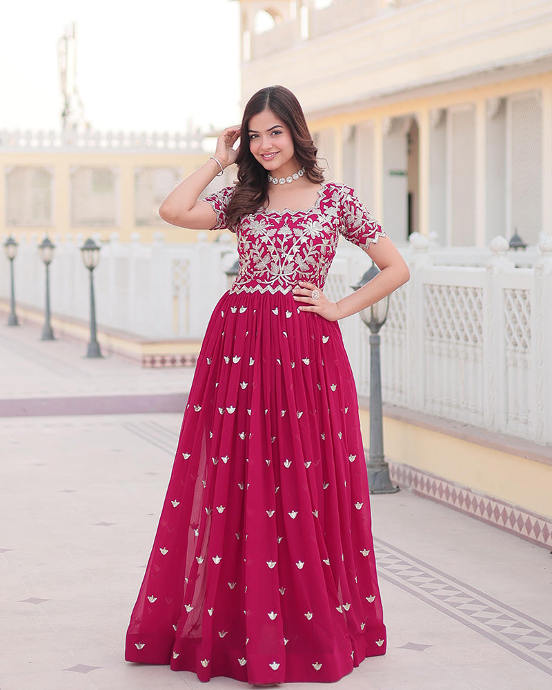Rani Pink Color Faux Blooming Sequins Embroidered Anarkali Gown