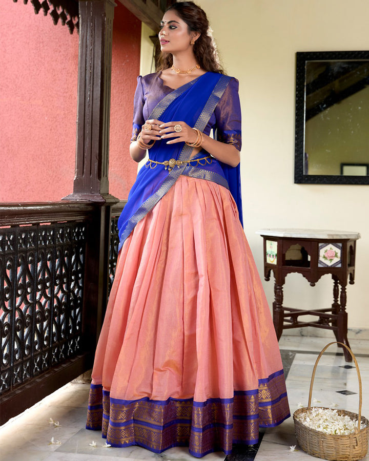 Peach Color Kanchipuram Designer Lehenga Choli