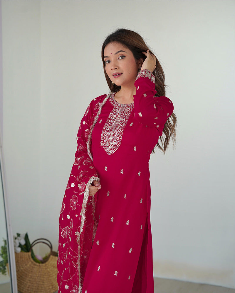 Rani Pink Color Rangoli Silk Three Piece Kurti Suit