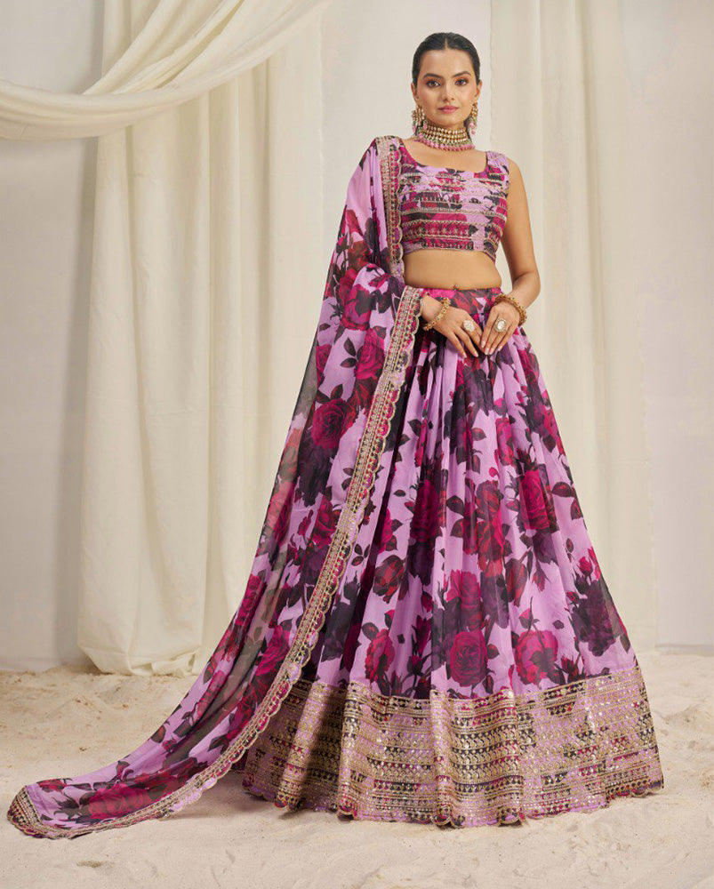 Purple And Pink Color Floral Printed Organza Lehenga Choli