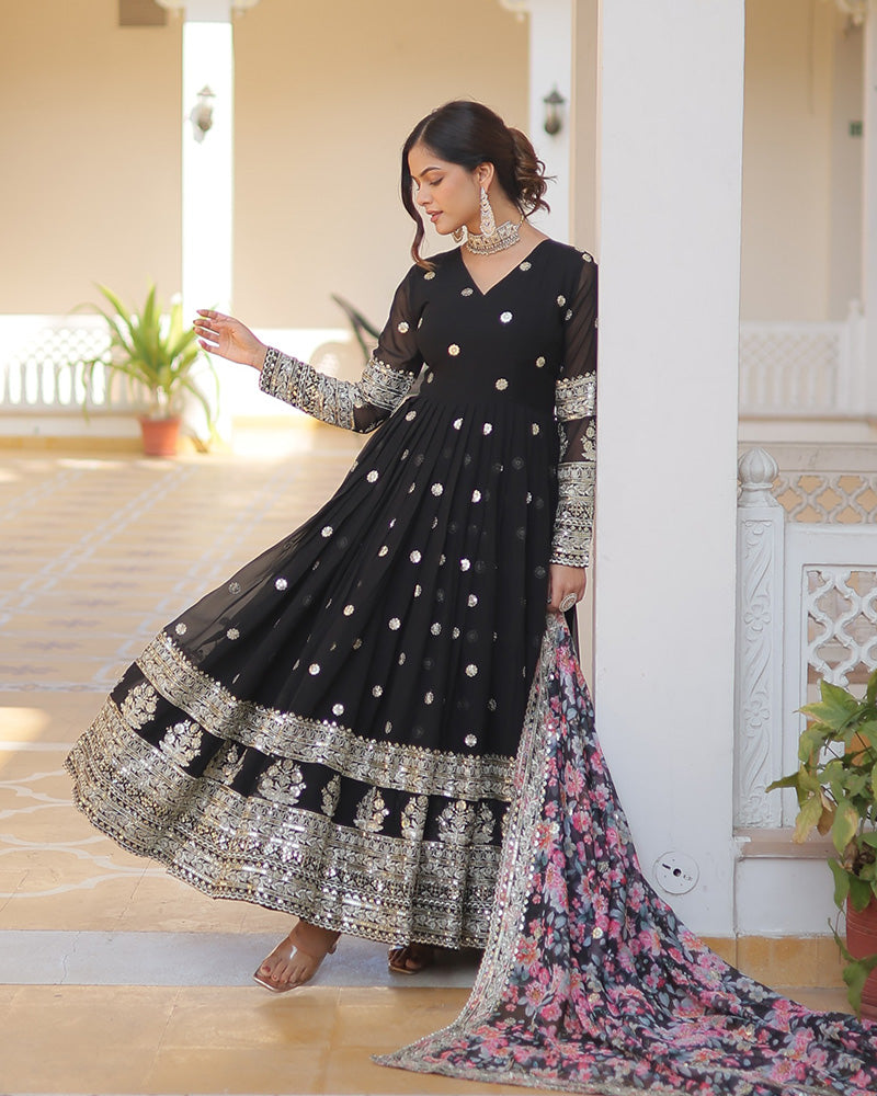 Black Color Faux Georgette Designer Gown With Dupatta