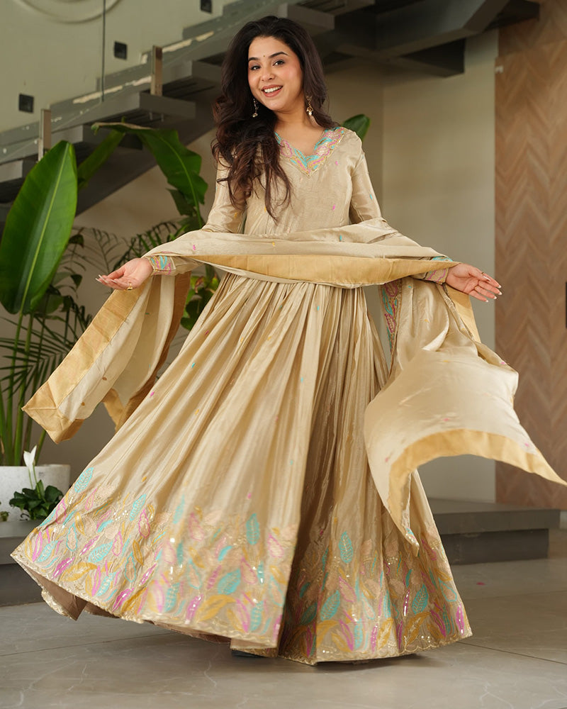 Cream Color Chinnon Sequence Embroidered Gown