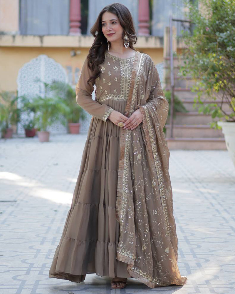 Brown Color Star Georgette Gown With Embroidered Dupatta