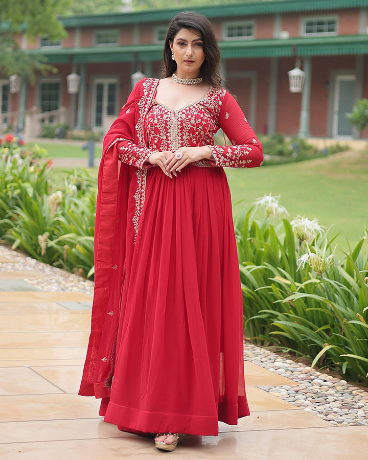 Pink Color Faux Blooming Multi Embroidered Work Gown