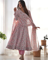 Baby Pink Color Heavy Chiffon Floral Print With Full Flair Three Piece Anarkali Suit
