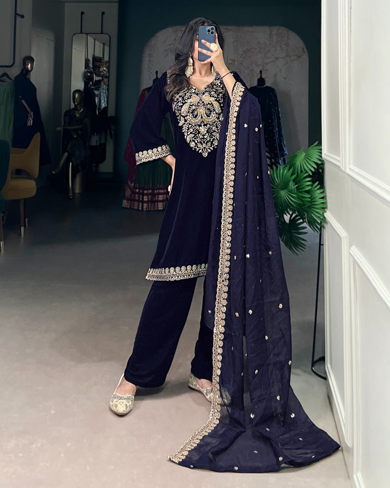 Navy Blue Color Velvet Three Piece Kurti Suit