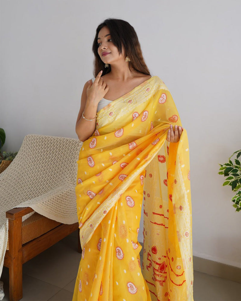Beautiful Yellow Color Soft Cotton Saree