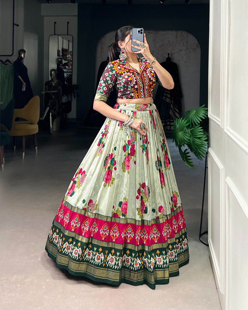 Green Color Tussar Silk Patola Printed Lehenga Choli