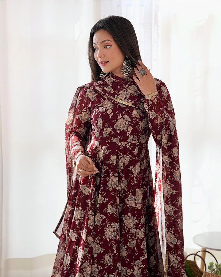 Dark Maroon Color Georgette Three Piece Anarkali Suit